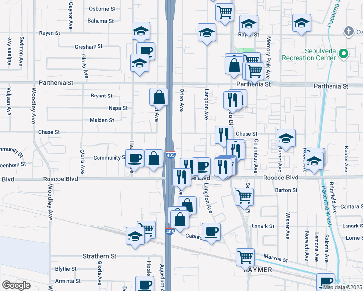map of restaurants, bars, coffee shops, grocery stores, and more near 15546 Chase Street in Los Angeles