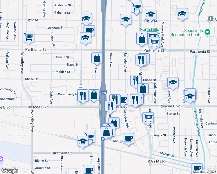 map of restaurants, bars, coffee shops, grocery stores, and more near 8437 Orion Avenue in Los Angeles
