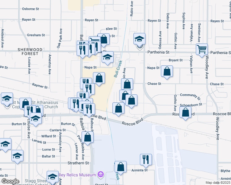 map of restaurants, bars, coffee shops, grocery stores, and more near 16798 Schoenborn Street in Los Angeles