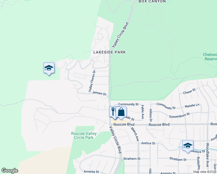 map of restaurants, bars, coffee shops, grocery stores, and more near 8485 Valley Circle Boulevard in Los Angeles