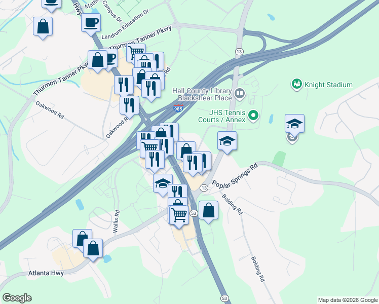 map of restaurants, bars, coffee shops, grocery stores, and more near 3105 Spring Lane in Gainesville