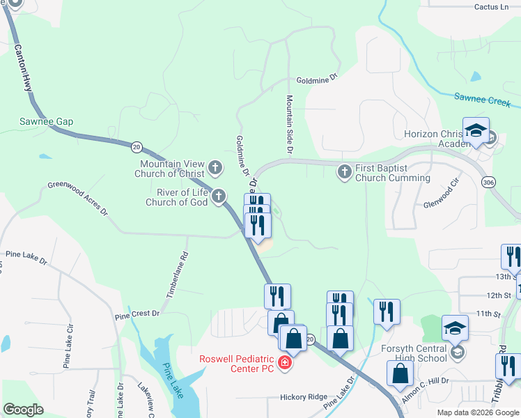 map of restaurants, bars, coffee shops, grocery stores, and more near 402 Somerton Place in Cumming