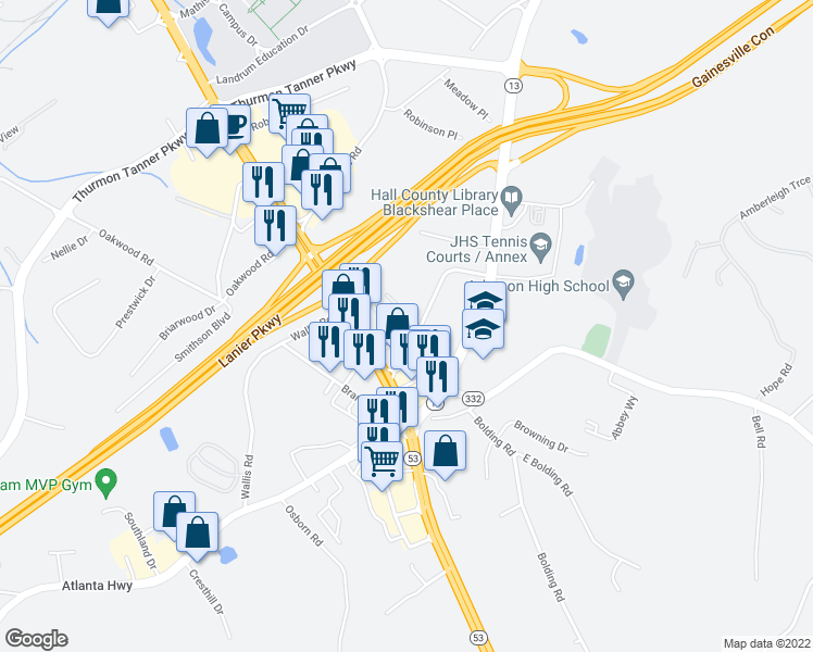 map of restaurants, bars, coffee shops, grocery stores, and more near 3113 Spring Lane in Gainesville