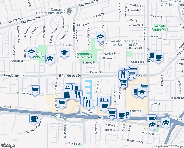 map of restaurants, bars, coffee shops, grocery stores, and more near 1694 Regent Street in Camarillo