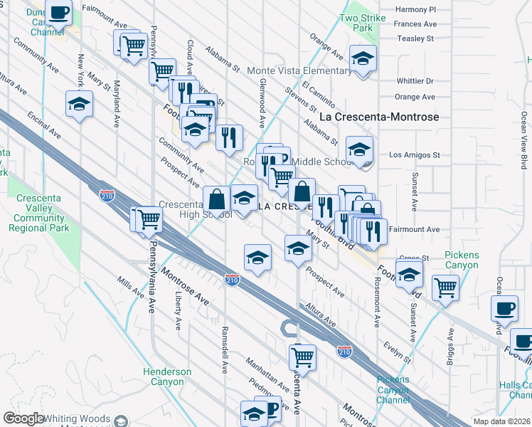 map of restaurants, bars, coffee shops, grocery stores, and more near 2875 Community Avenue in La Crescenta-Montrose