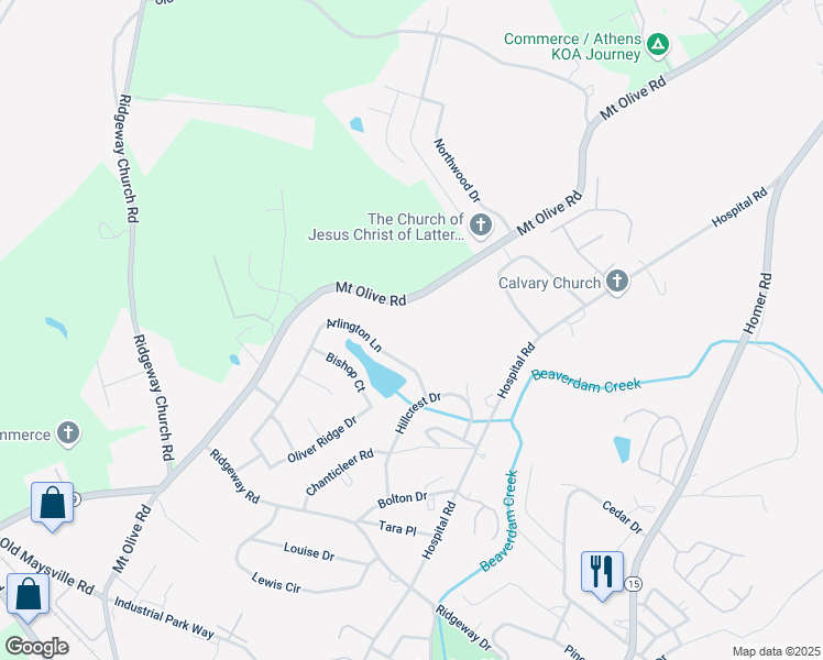 map of restaurants, bars, coffee shops, grocery stores, and more near 64 Sherwood Dr in Commerce