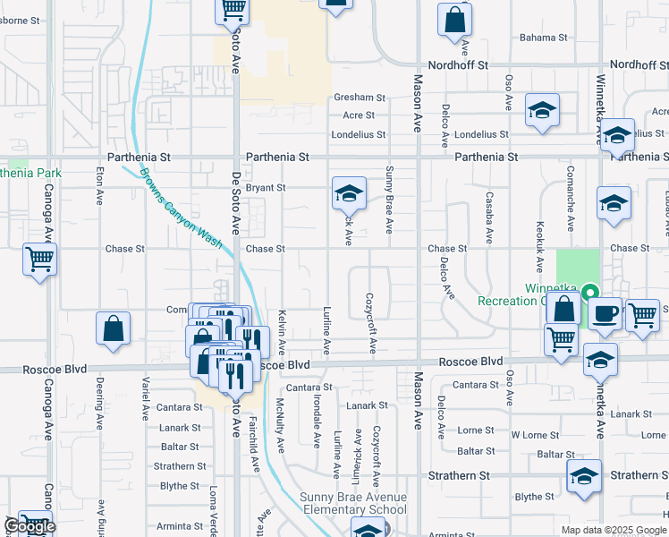 map of restaurants, bars, coffee shops, grocery stores, and more near 8456 Lurline Avenue in Los Angeles
