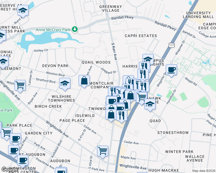 map of restaurants, bars, coffee shops, grocery stores, and more near 4107 Fraternity Court in Wilmington