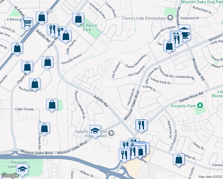 map of restaurants, bars, coffee shops, grocery stores, and more near 4718 Colony Drive in Camarillo