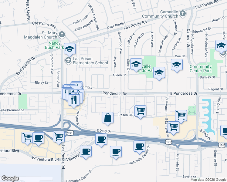 map of restaurants, bars, coffee shops, grocery stores, and more near 704 Jay Avenue in Camarillo