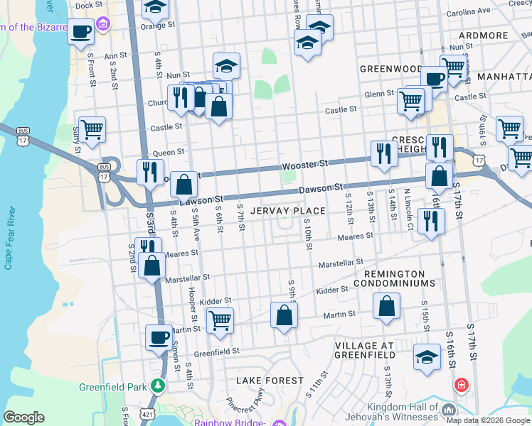 map of restaurants, bars, coffee shops, grocery stores, and more near 920 Thomas C Jervay Loop in Wilmington