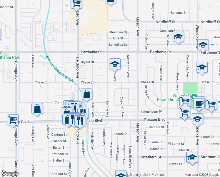 map of restaurants, bars, coffee shops, grocery stores, and more near 8456 Lurline Avenue in Los Angeles