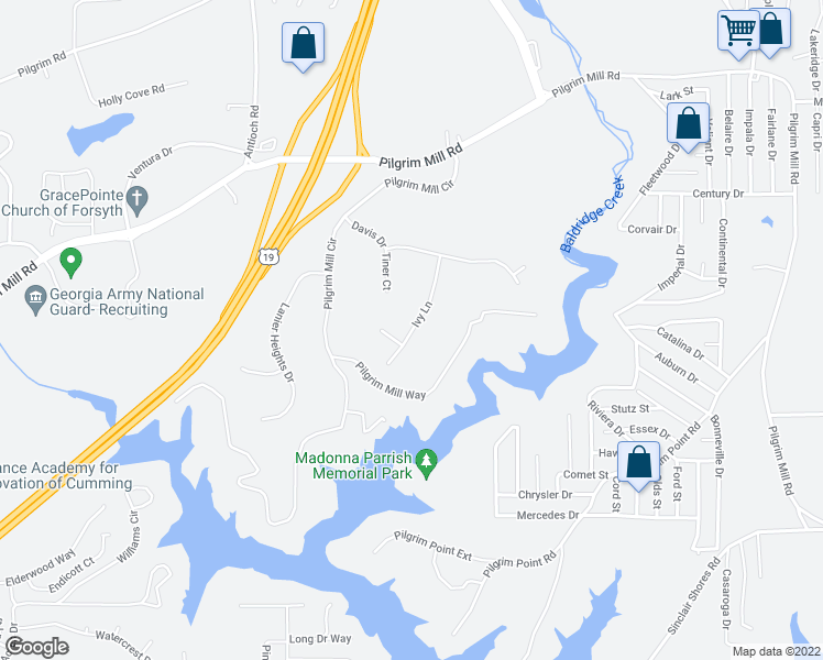 map of restaurants, bars, coffee shops, grocery stores, and more near 2090 Ivy Lane in Cumming