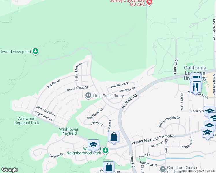 map of restaurants, bars, coffee shops, grocery stores, and more near 533 Raindance Street in Thousand Oaks