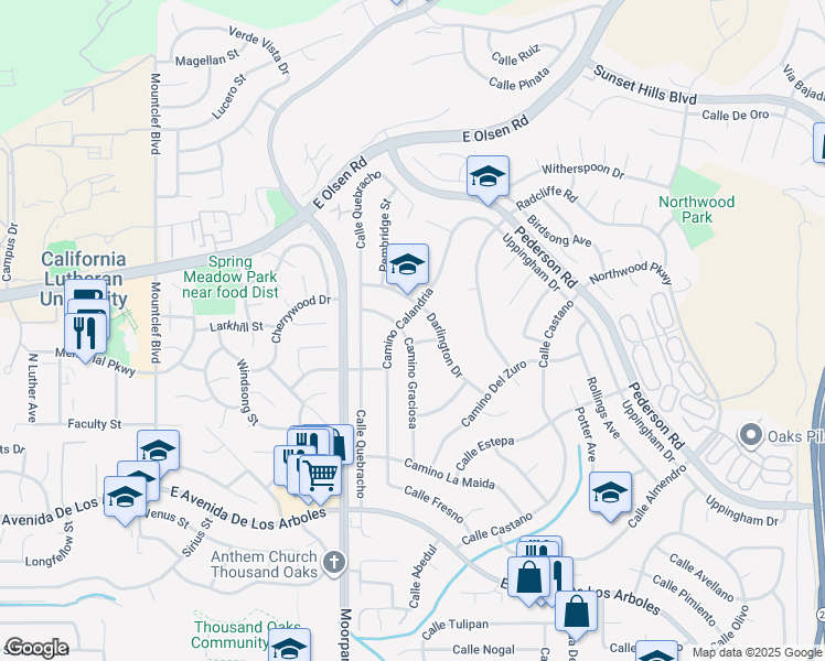 map of restaurants, bars, coffee shops, grocery stores, and more near 3124 Camino Graciosa in Thousand Oaks