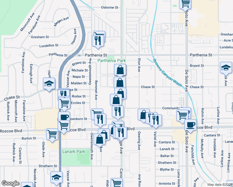 map of restaurants, bars, coffee shops, grocery stores, and more near 8463 Canoga Avenue in Los Angeles