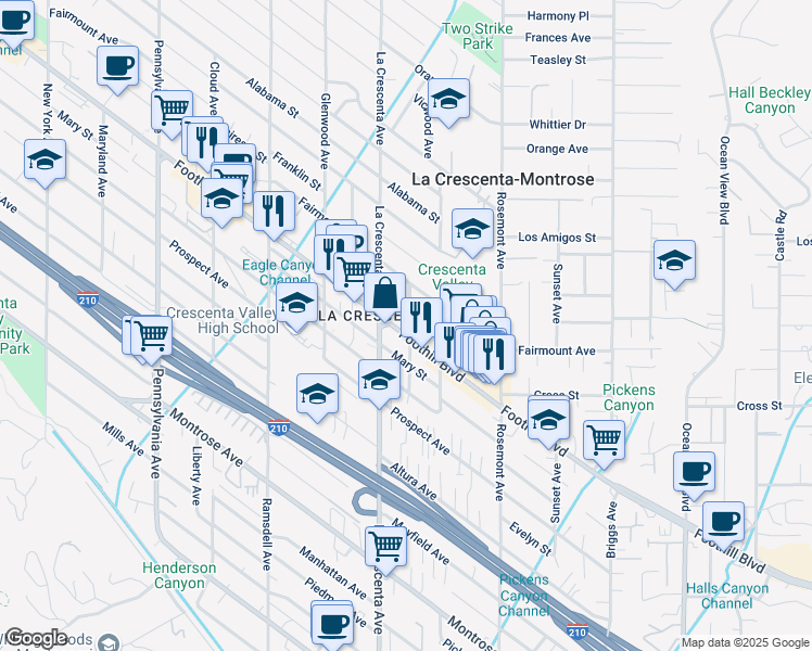 map of restaurants, bars, coffee shops, grocery stores, and more near 2751 Foothill Boulevard in La Crescenta-Montrose