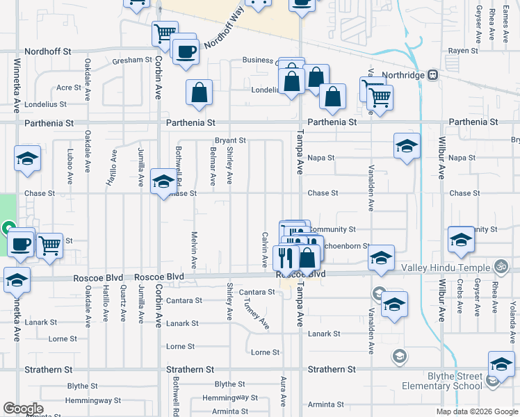 map of restaurants, bars, coffee shops, grocery stores, and more near 8450 Calvin Avenue in Los Angeles
