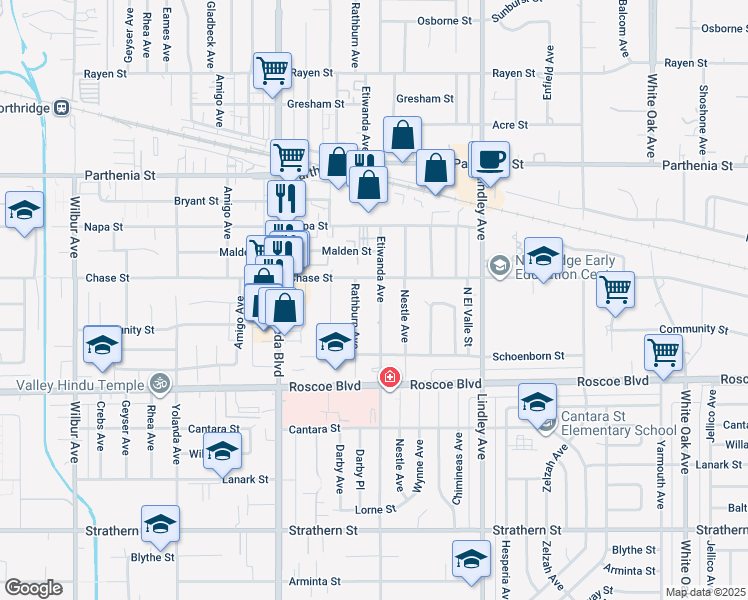 map of restaurants, bars, coffee shops, grocery stores, and more near 8439 Etiwanda Avenue in Los Angeles