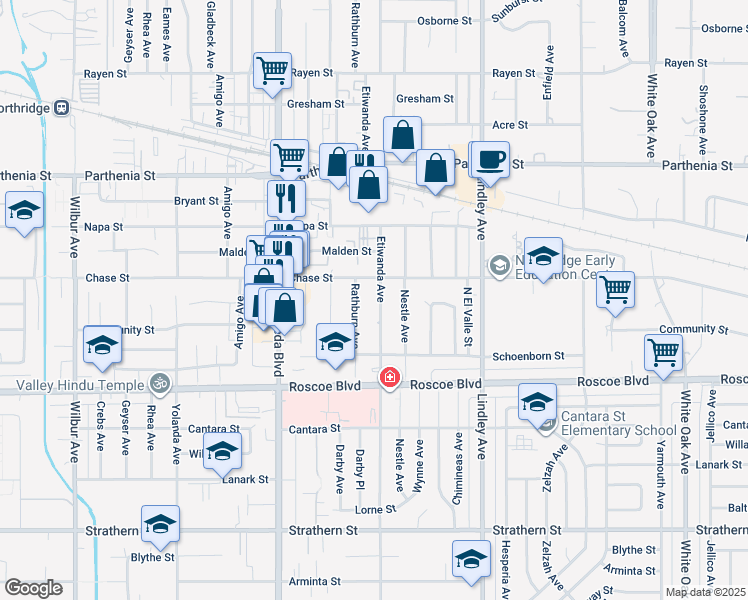 map of restaurants, bars, coffee shops, grocery stores, and more near 8439 Etiwanda Avenue in Los Angeles