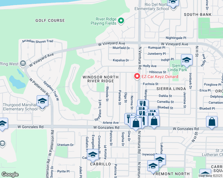 map of restaurants, bars, coffee shops, grocery stores, and more near 2105 Patricia Street in Oxnard
