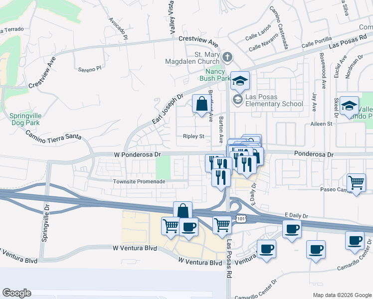 map of restaurants, bars, coffee shops, grocery stores, and more near 158 Spanish Moss Place in Camarillo