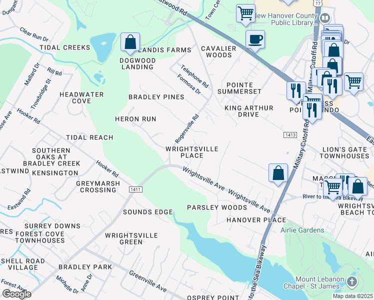 map of restaurants, bars, coffee shops, grocery stores, and more near 6211 Wrightsville Avenue in Wilmington