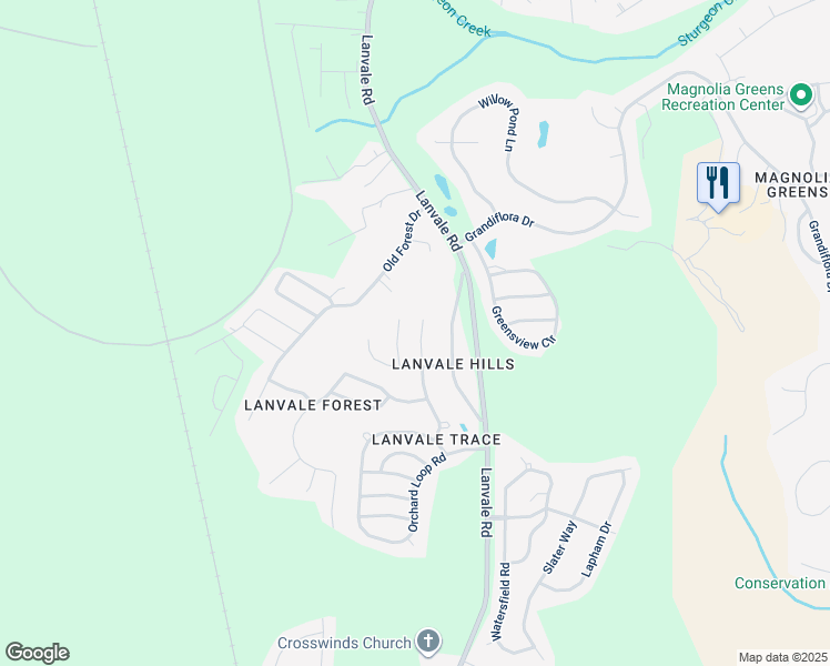 map of restaurants, bars, coffee shops, grocery stores, and more near 639 Lanvale Hills Circle Northeast in Leland