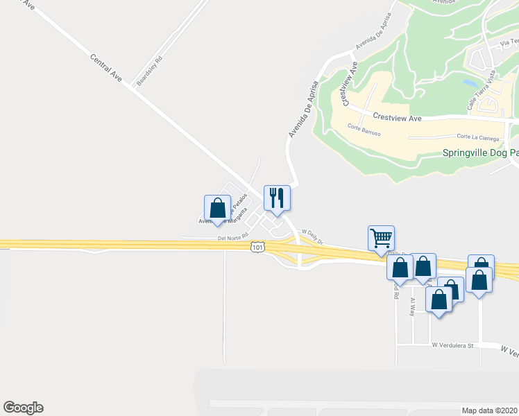 map of restaurants, bars, coffee shops, grocery stores, and more near 1305 Del Norte Rd in Camarillo
