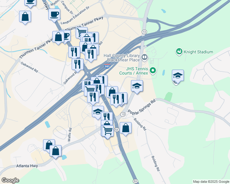 map of restaurants, bars, coffee shops, grocery stores, and more near 3121 Spring Lane in Gainesville