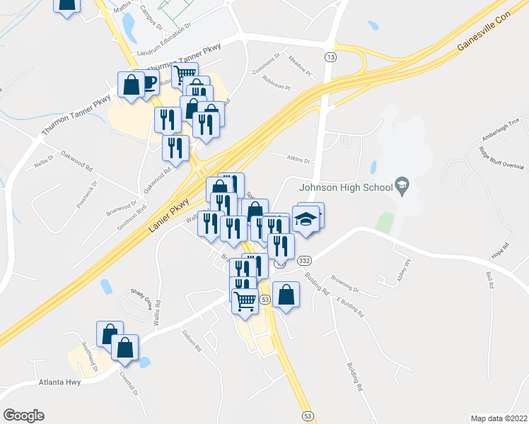 map of restaurants, bars, coffee shops, grocery stores, and more near 3105 Spring Lane in Gainesville