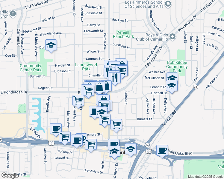 map of restaurants, bars, coffee shops, grocery stores, and more near in Camarillo