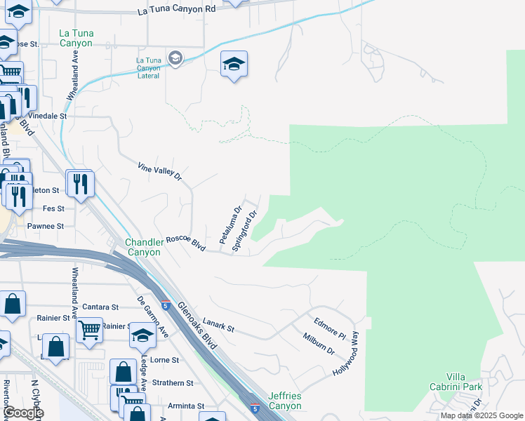 map of restaurants, bars, coffee shops, grocery stores, and more near 8466 Springford Drive in Los Angeles