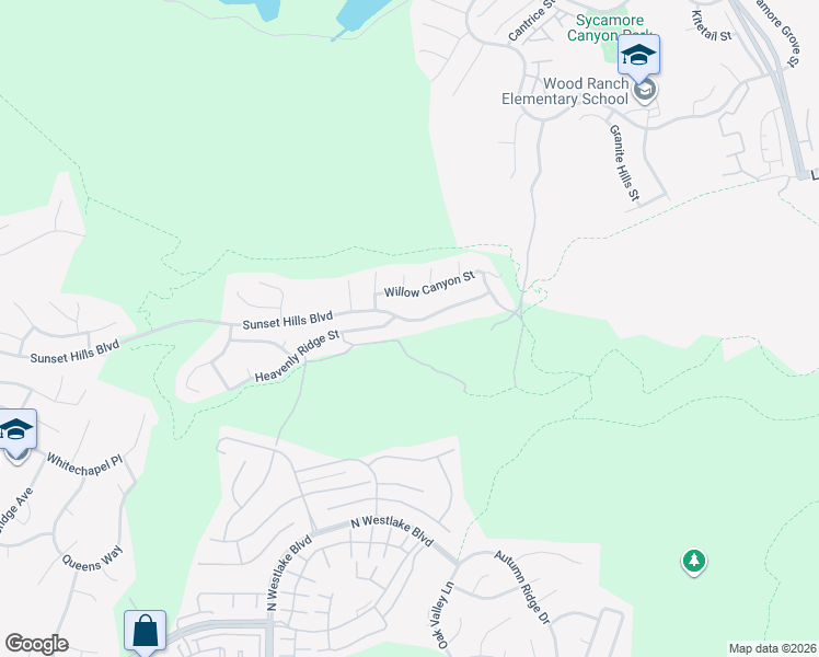 map of restaurants, bars, coffee shops, grocery stores, and more near 3194 Sunset Hills Boulevard in Thousand Oaks