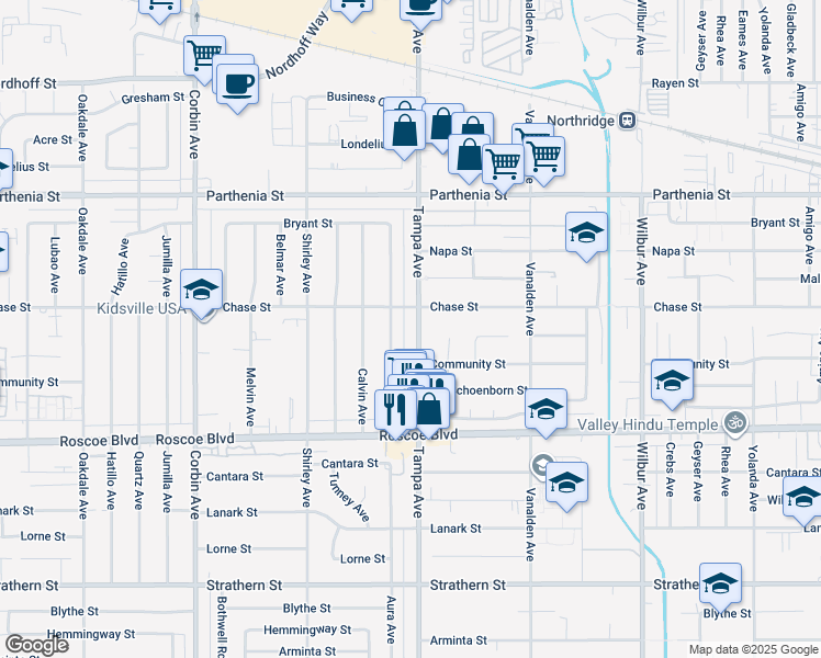 map of restaurants, bars, coffee shops, grocery stores, and more near 8443 Tampa Avenue in Los Angeles