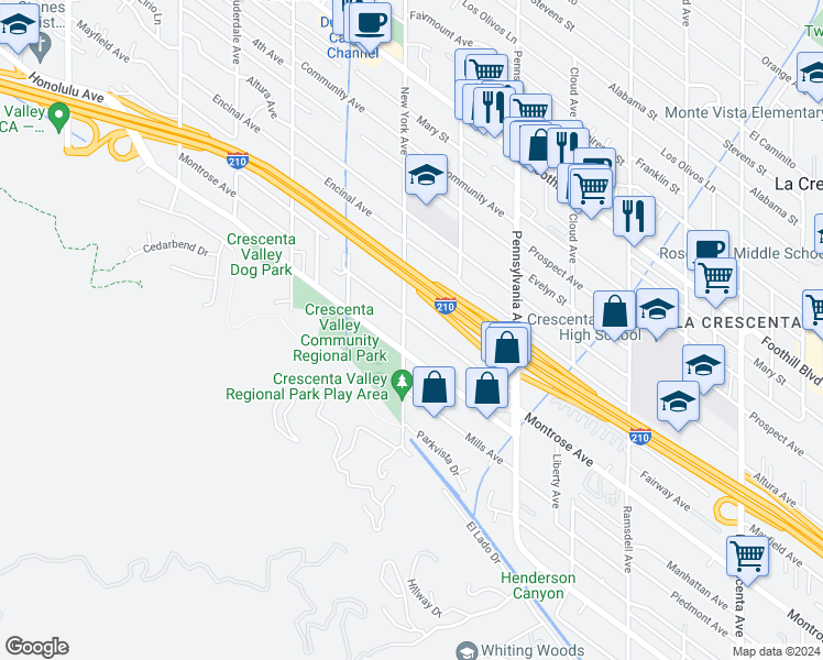 map of restaurants, bars, coffee shops, grocery stores, and more near 3350 Montrose Avenue in Glendale