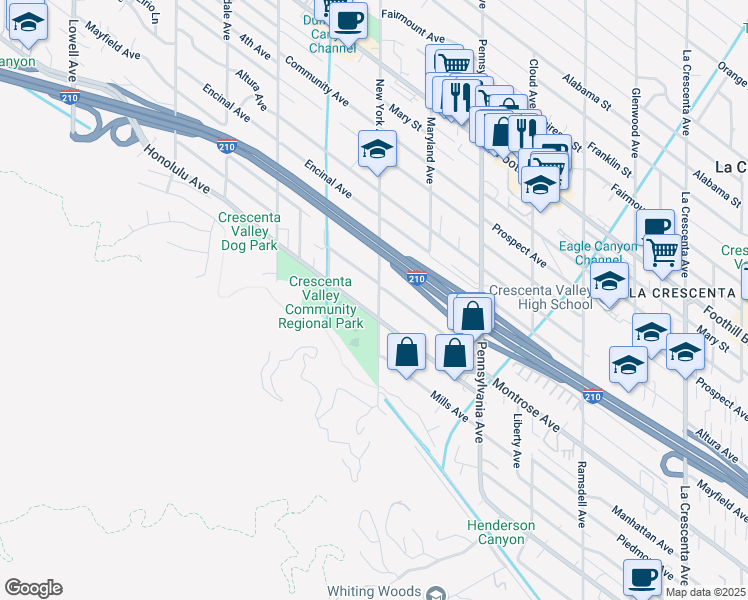 map of restaurants, bars, coffee shops, grocery stores, and more near 3431 Honolulu Avenue in Glendale