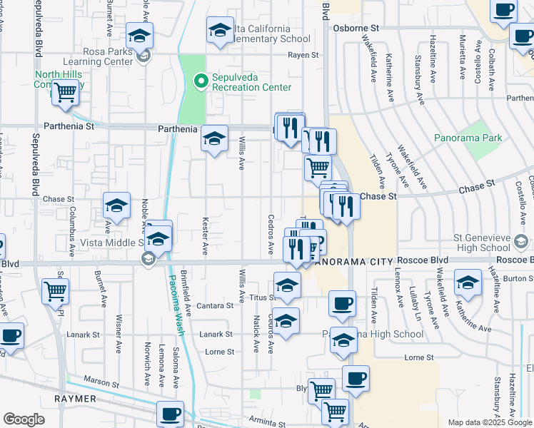 map of restaurants, bars, coffee shops, grocery stores, and more near 8406 Cedros Avenue in Los Angeles