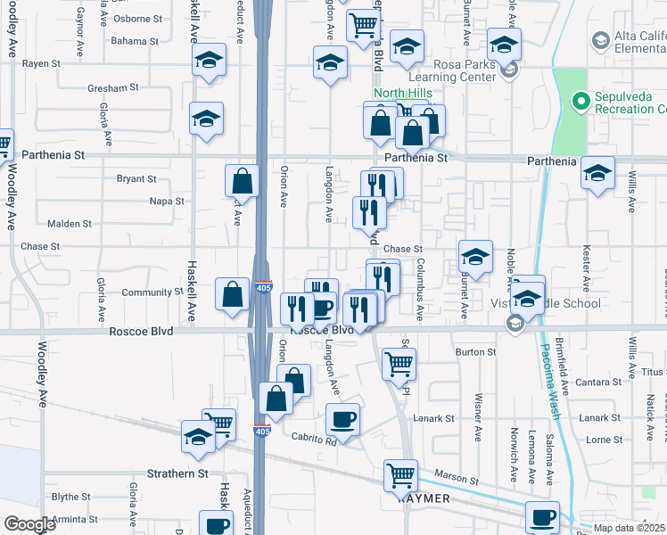 map of restaurants, bars, coffee shops, grocery stores, and more near 8430 Langdon Avenue in Los Angeles