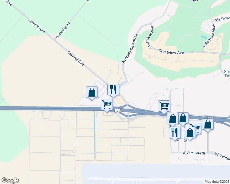 map of restaurants, bars, coffee shops, grocery stores, and more near 1305 Del Norte Road in Camarillo