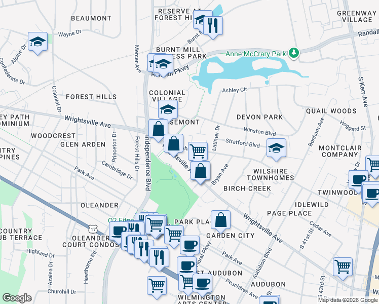 map of restaurants, bars, coffee shops, grocery stores, and more near 3400 Wilshire Boulevard in Wilmington