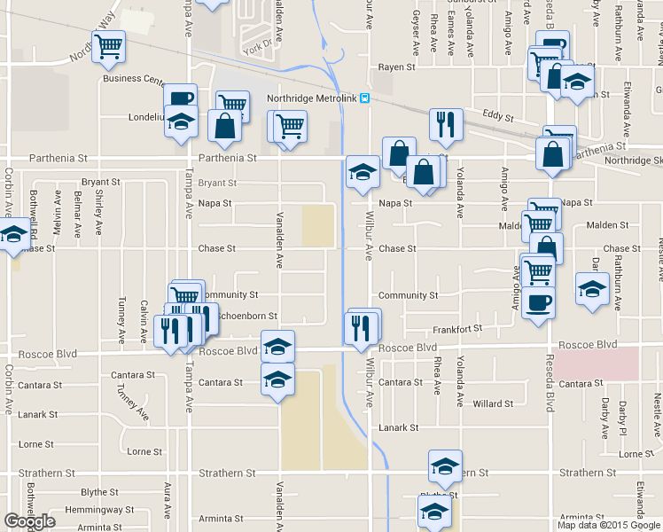 map of restaurants, bars, coffee shops, grocery stores, and more near 8438 Wystone Avenue in Los Angeles