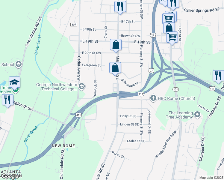 map of restaurants, bars, coffee shops, grocery stores, and more near 14 Maple Road Southeast in Rome