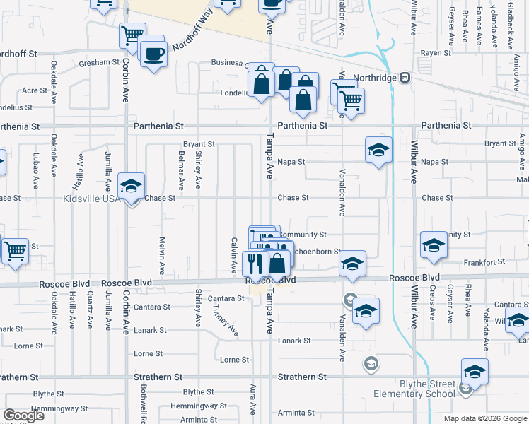 map of restaurants, bars, coffee shops, grocery stores, and more near 8443 Tampa Avenue in Los Angeles