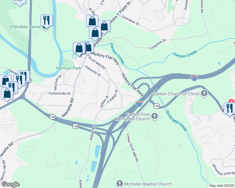 map of restaurants, bars, coffee shops, grocery stores, and more near 145 East Killian Street in Canton