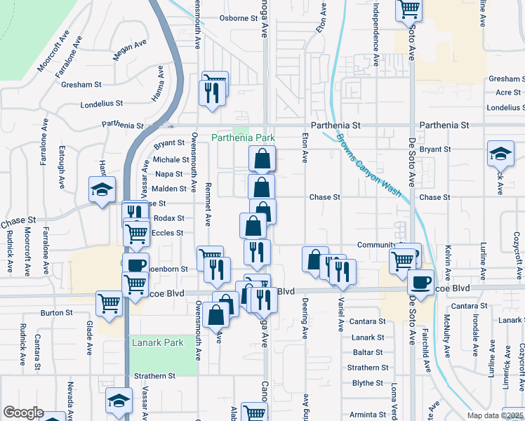 map of restaurants, bars, coffee shops, grocery stores, and more near 8463 Canoga Avenue in Los Angeles