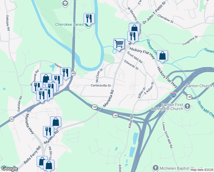 map of restaurants, bars, coffee shops, grocery stores, and more near 125 Cartersville Street in Canton