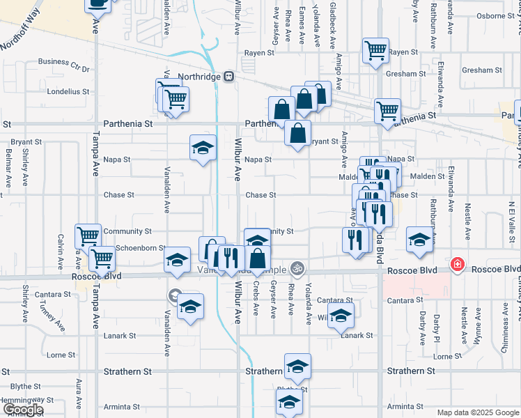 map of restaurants, bars, coffee shops, grocery stores, and more near 8432 Crebs Avenue in Los Angeles