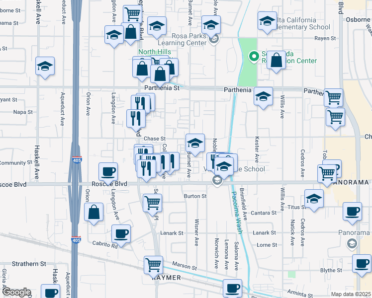 map of restaurants, bars, coffee shops, grocery stores, and more near 8435 Burnet Avenue in Los Angeles