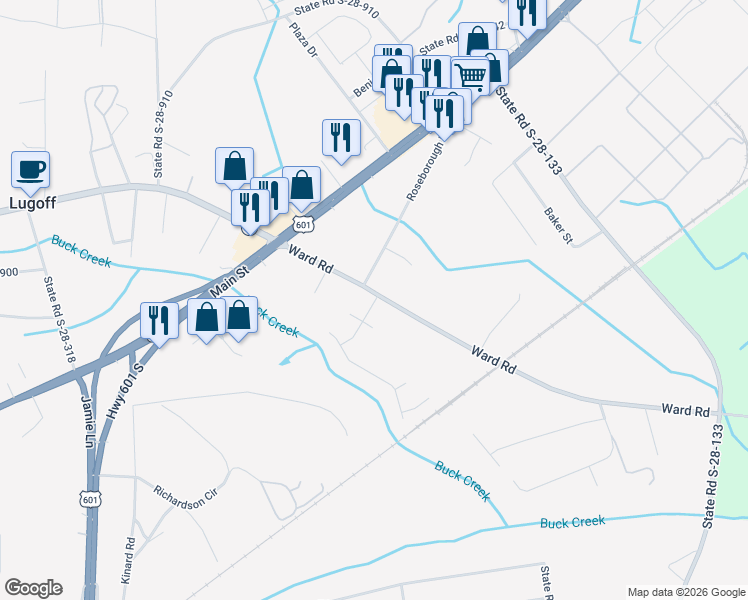 map of restaurants, bars, coffee shops, grocery stores, and more near 3 Canter Field Lane in Lugoff